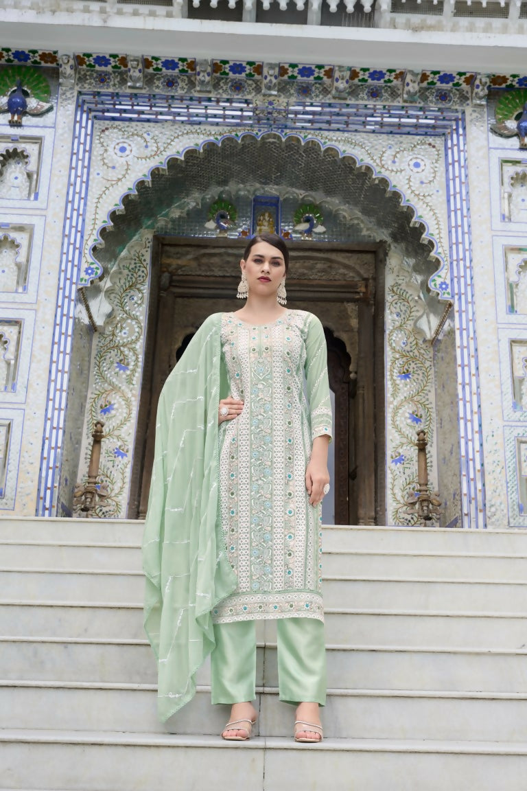 Jyoti Fashion Women's Sea Green Faux Georgette Heavy Embroidery and Moti Work Kurta Set | Swadesiicart
