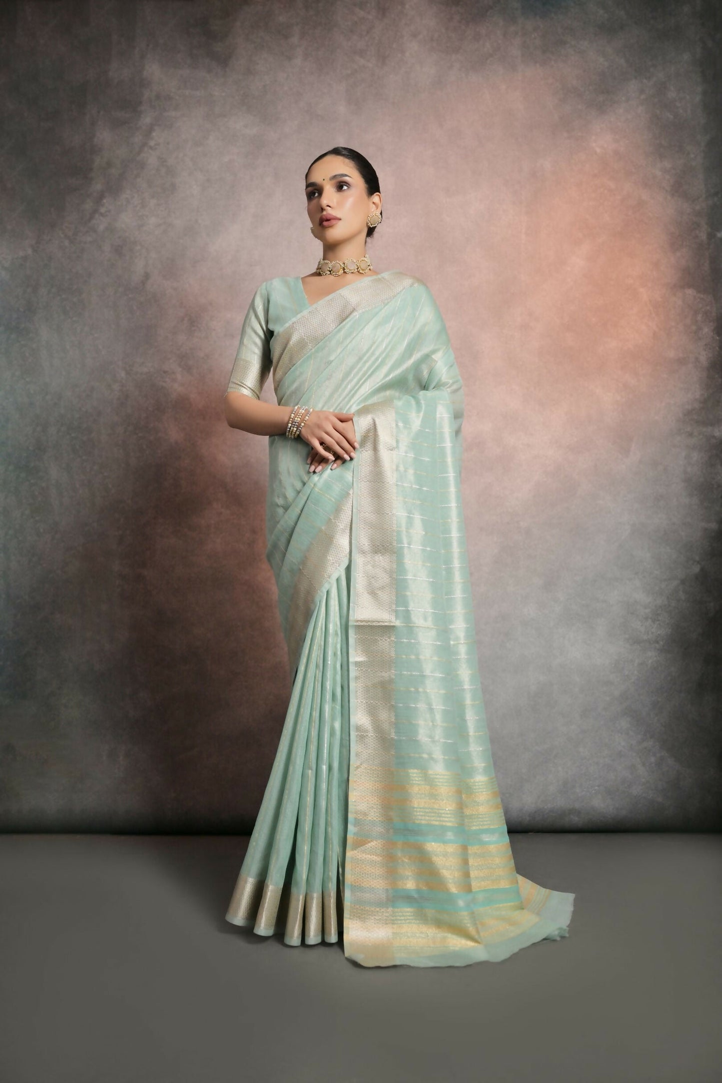 Vishnu Weaves Women's Sea-Green Tissue Linen Zari Woven Saree with Blouse - Swadesiicart