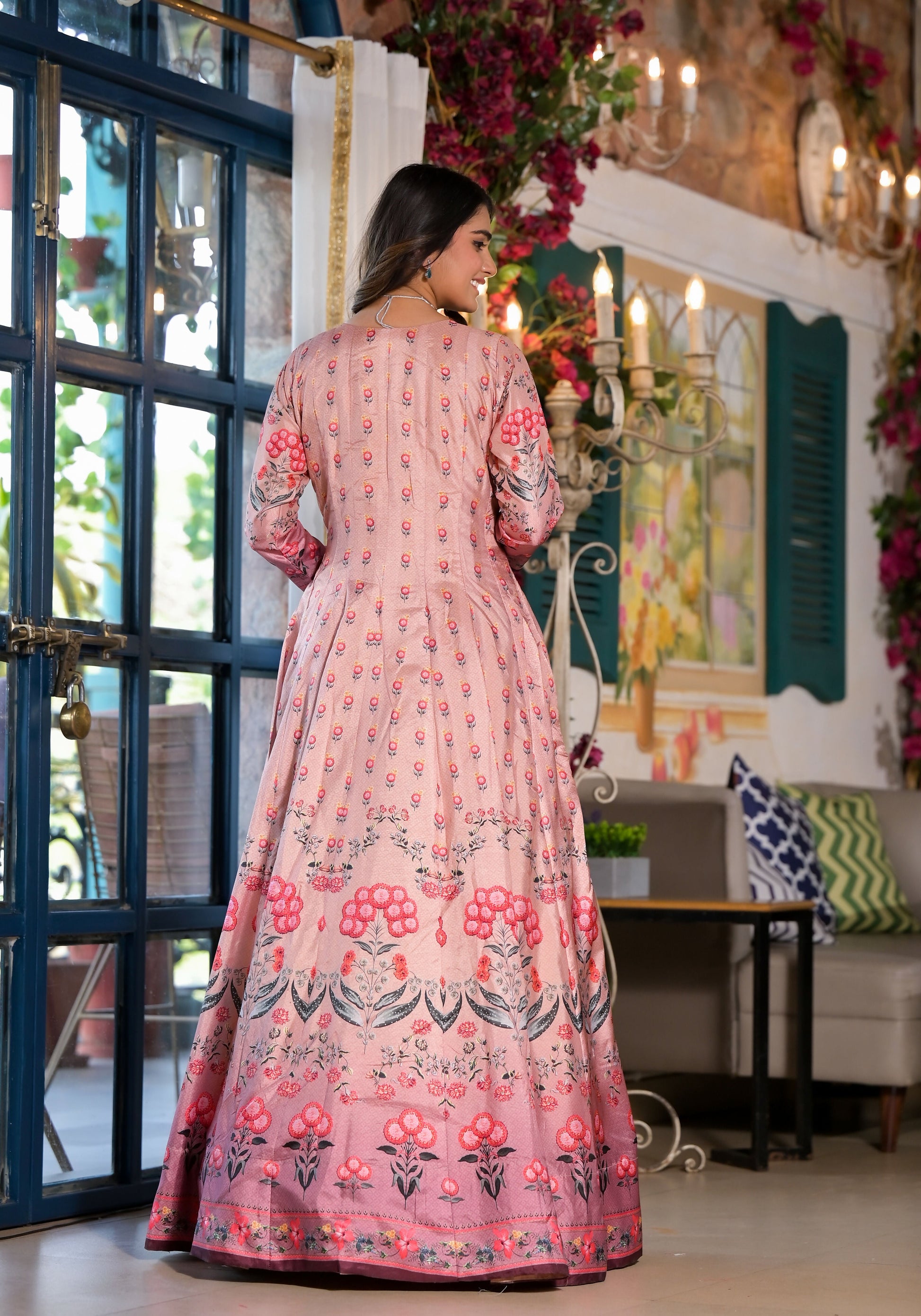 Partywear Designe rPeach Dola Silk Anarkali suit with Dupatta - Samyukta - Swadesiicart