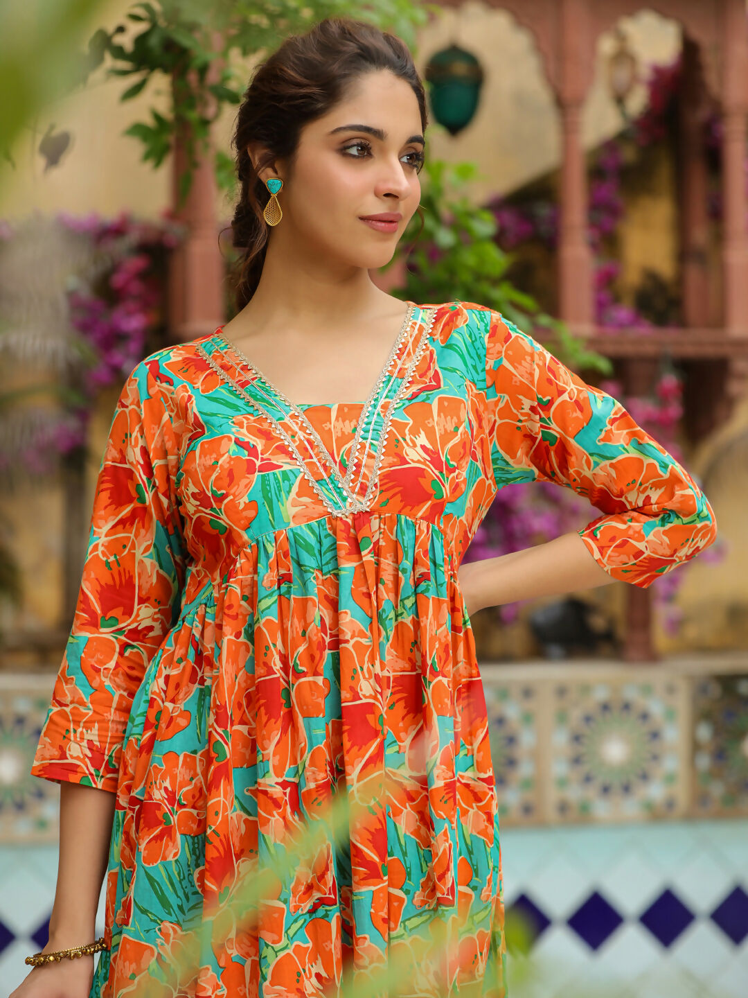 Janasya Orange Cotton Floral Kurta & Bottom | Swadesiicart