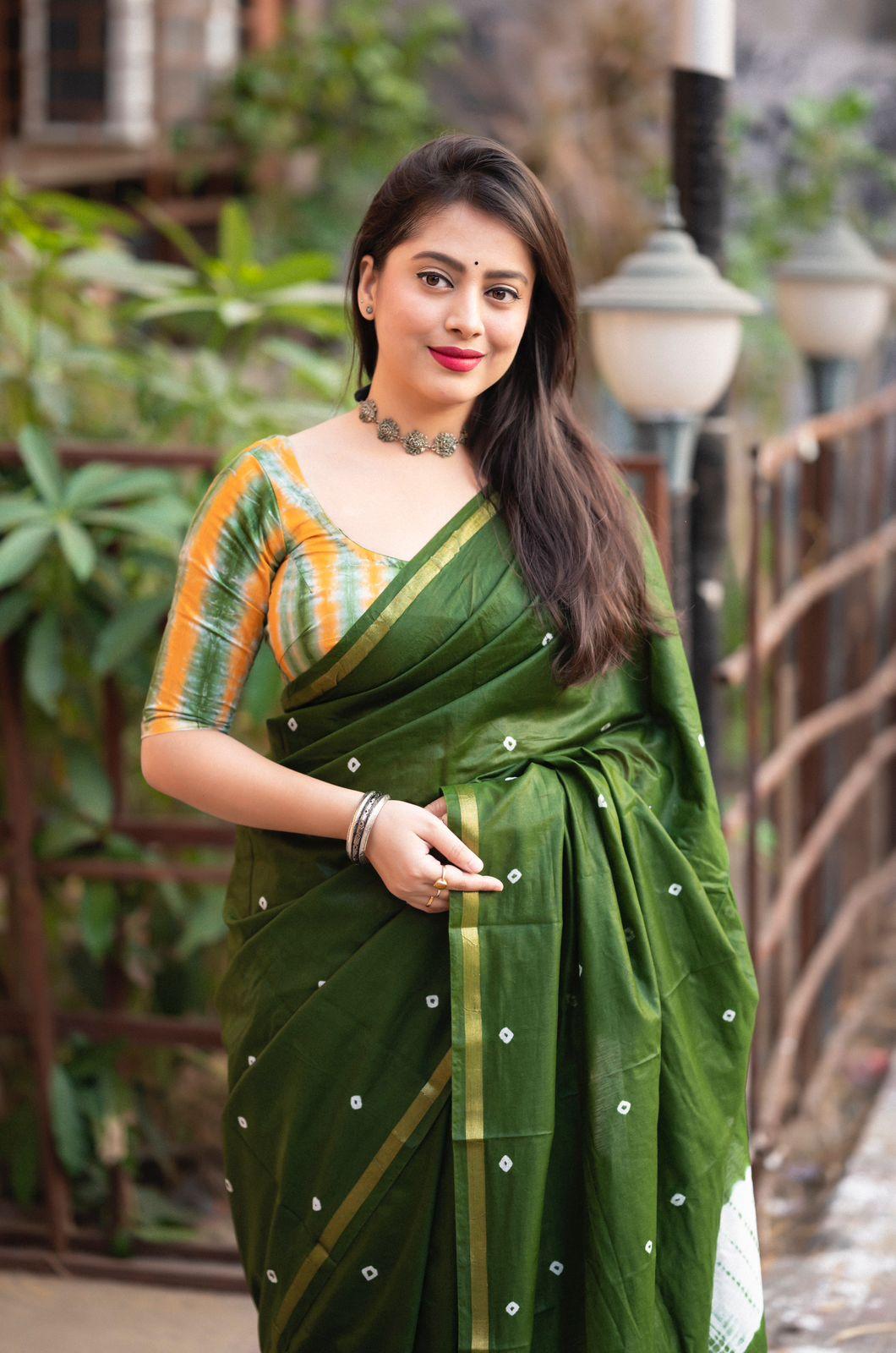 Mehndi Chanderi Cotton Block Print Saree with Unstitched Blouse - Hiral Fashion | Swadesiicart