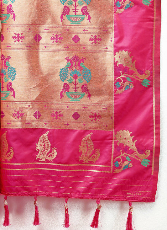 Lorenvalley Fashion Pink Soft Paithani Silk Woven Design Copper Zari Meenakari Weaving Saree - Swadesiicart