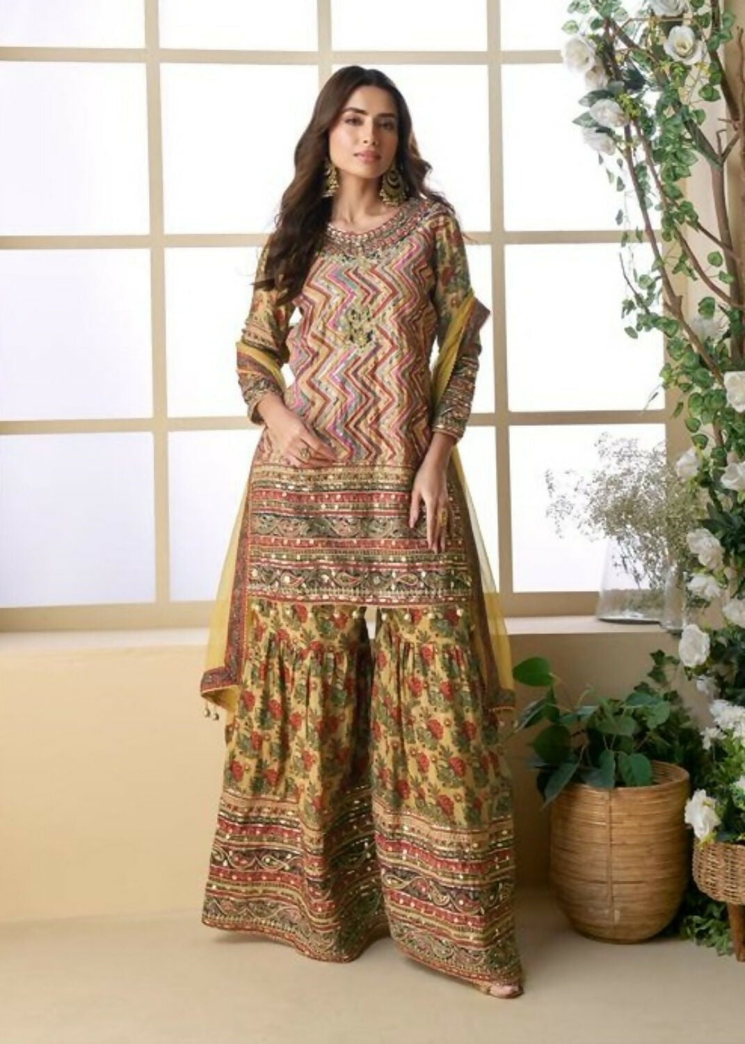 Anaita Yellow Heavy Crepe Silk Ready Made Suit with Multi Digital Printed & Aari Work