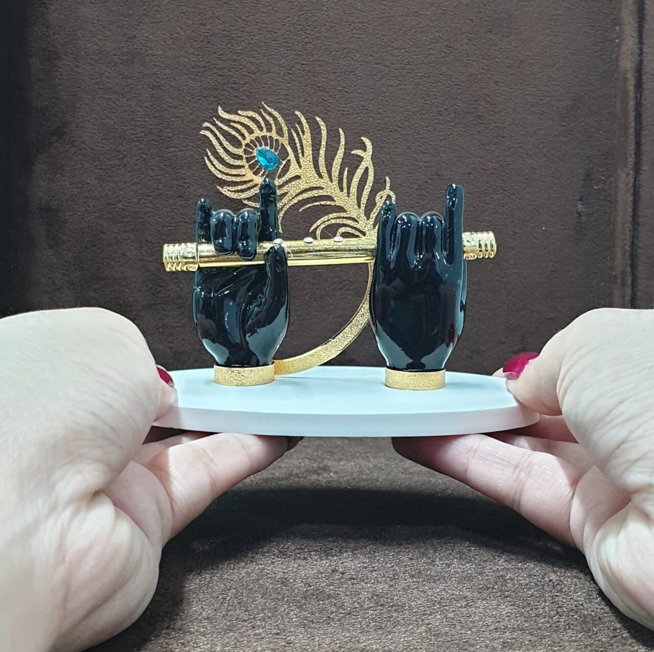 House Of Wemy Gold-Polished Lord Krishna Hands Idol with Flute and Pecock Feather - Black - Swadesiicart