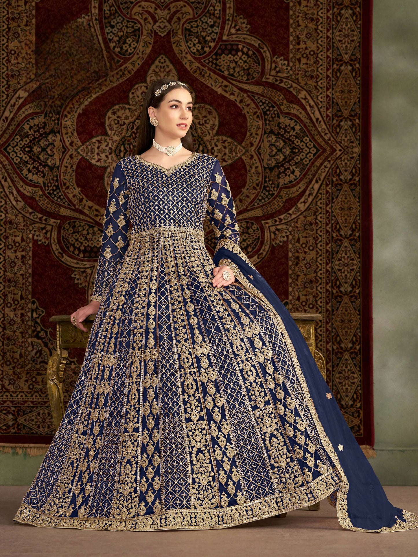 Anaita Navy Blue Embroidered Net Anarkali Suit