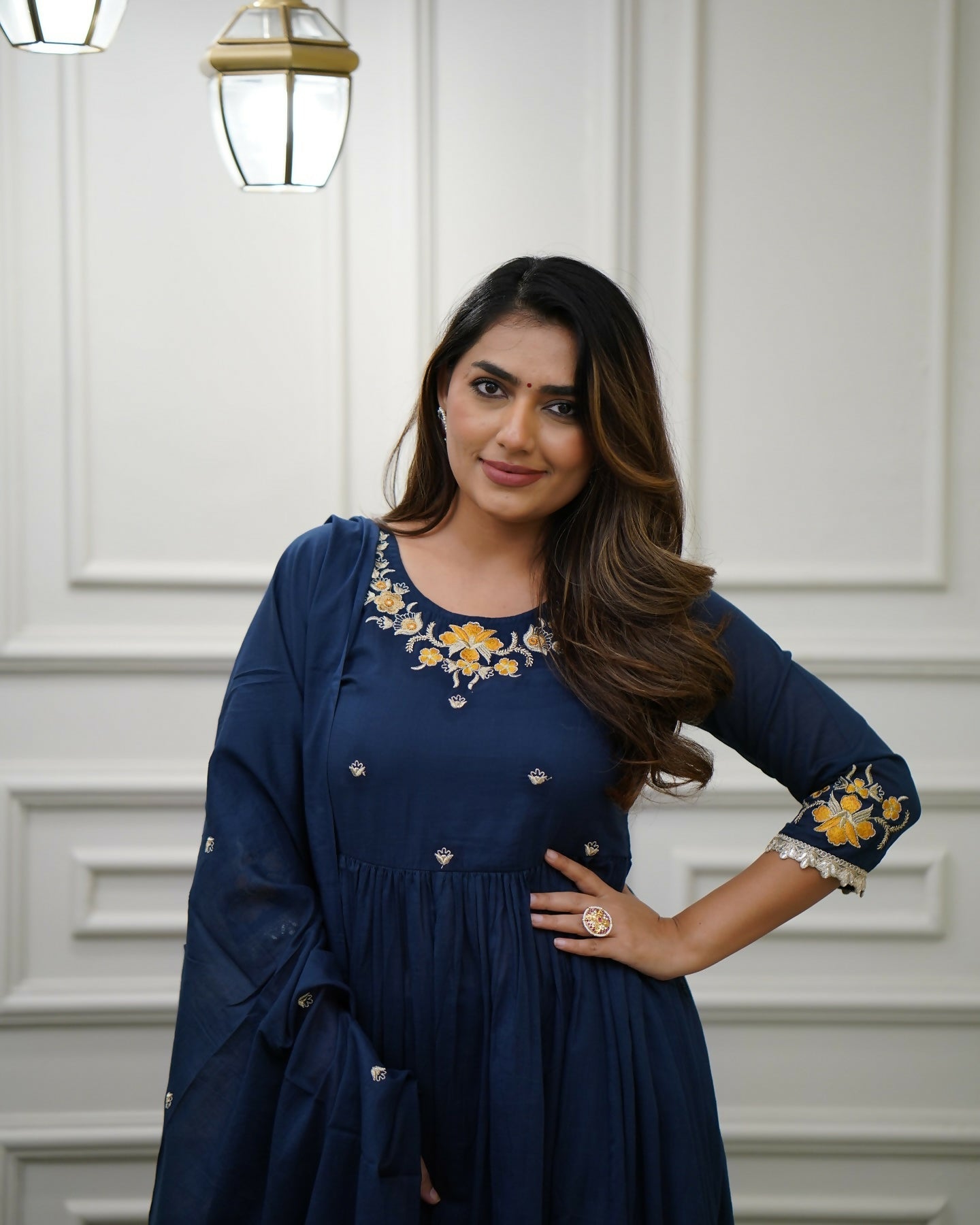 The52 Blue Women's Gorgeous Viscose Fabric Embroidered Work Flared Kurta Pant and Dupatta Set - Swadesiicart