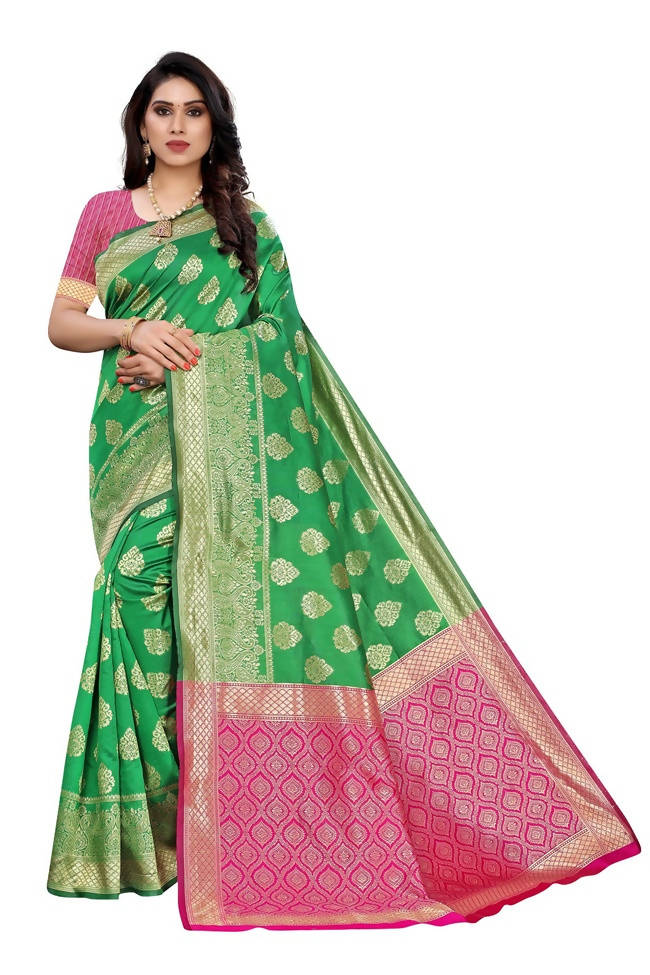 Vamika Banarasi Jacquard Weaving Green Saree (Dangal Green) | Swadesiicart