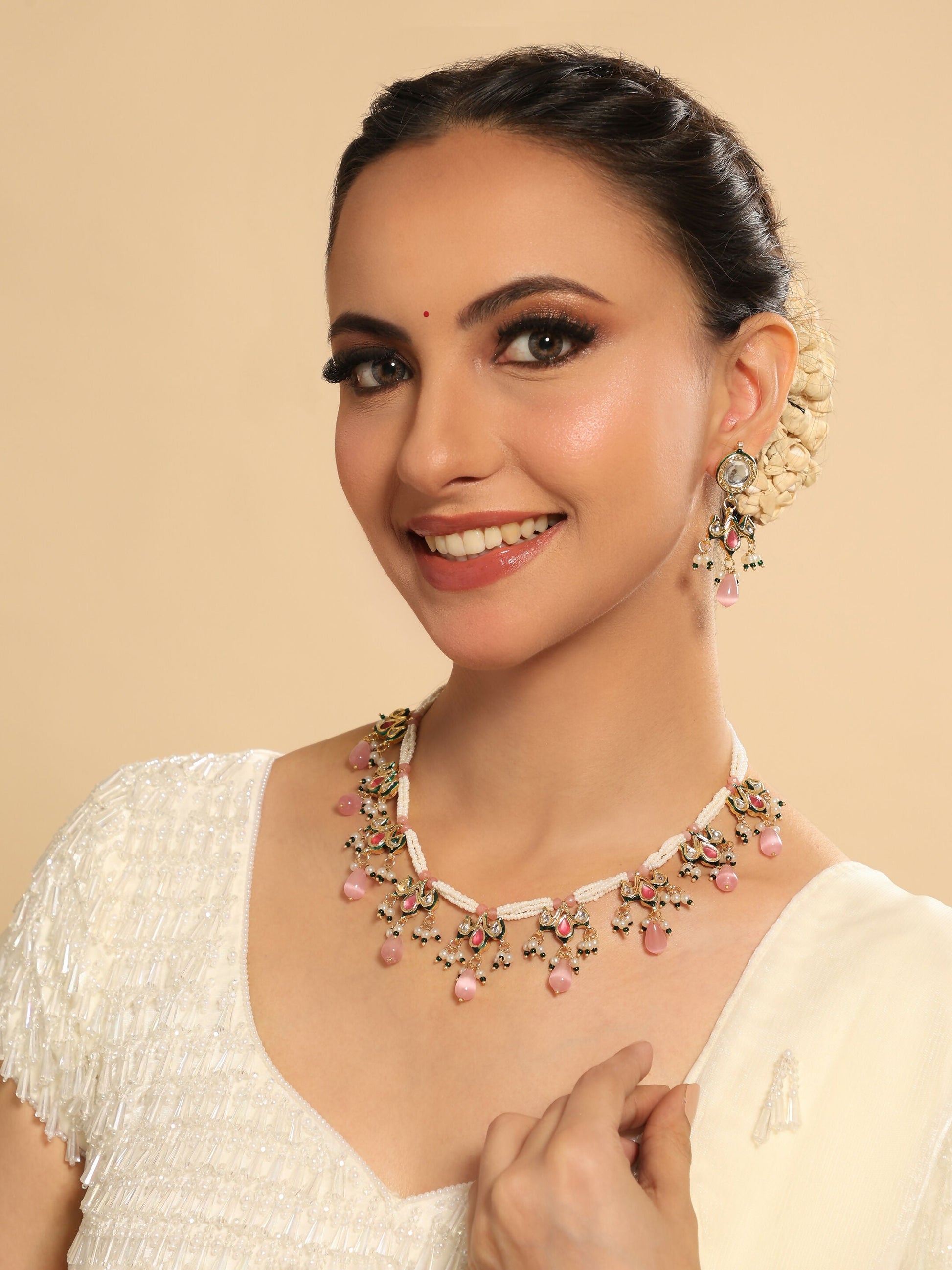Nuyug 22K Gold Plated Pearl Empress Flora Pink Stone Drops Necklace Set | Swadesiicart