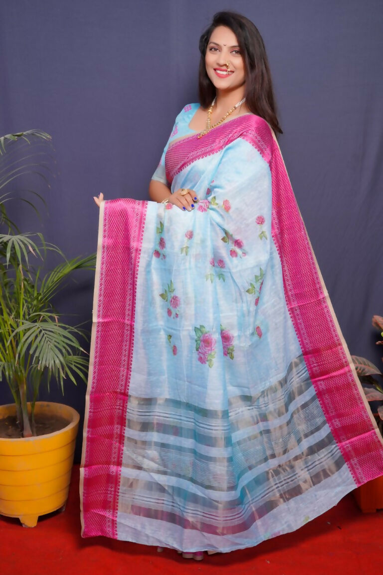 Jyoti Fashion Women's Pink Linen Silk Digital Print with Jacquard Woven Border Saree with Blouse | Swadesiicart