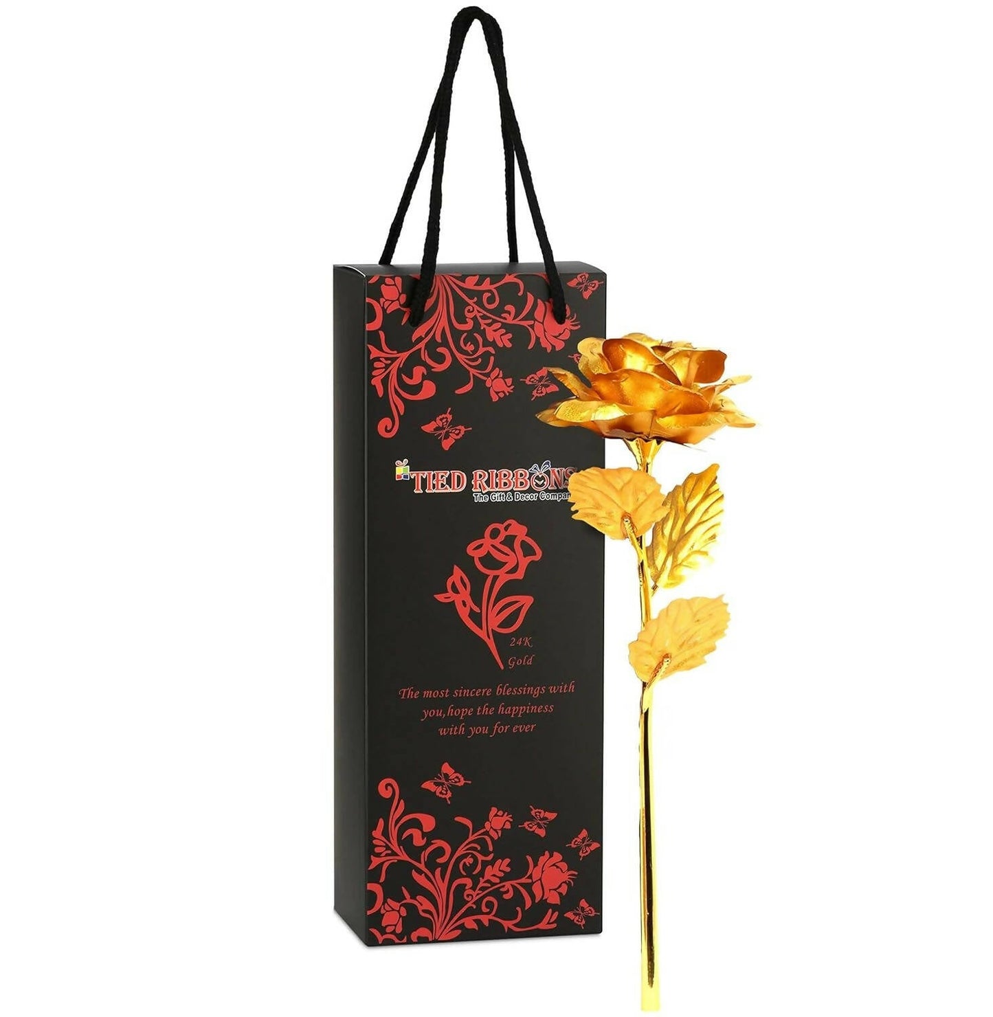 Tied Ribbons Gold-Polished Artificial Rose Flower With Box - Valentine's Day Gifts | Swadesiicart
