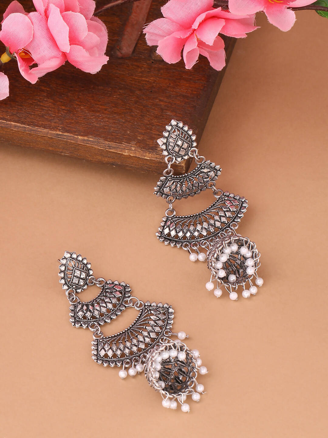 NVR Women Silver Toned Contemporary Jhumka Earrings | Swadesiicart