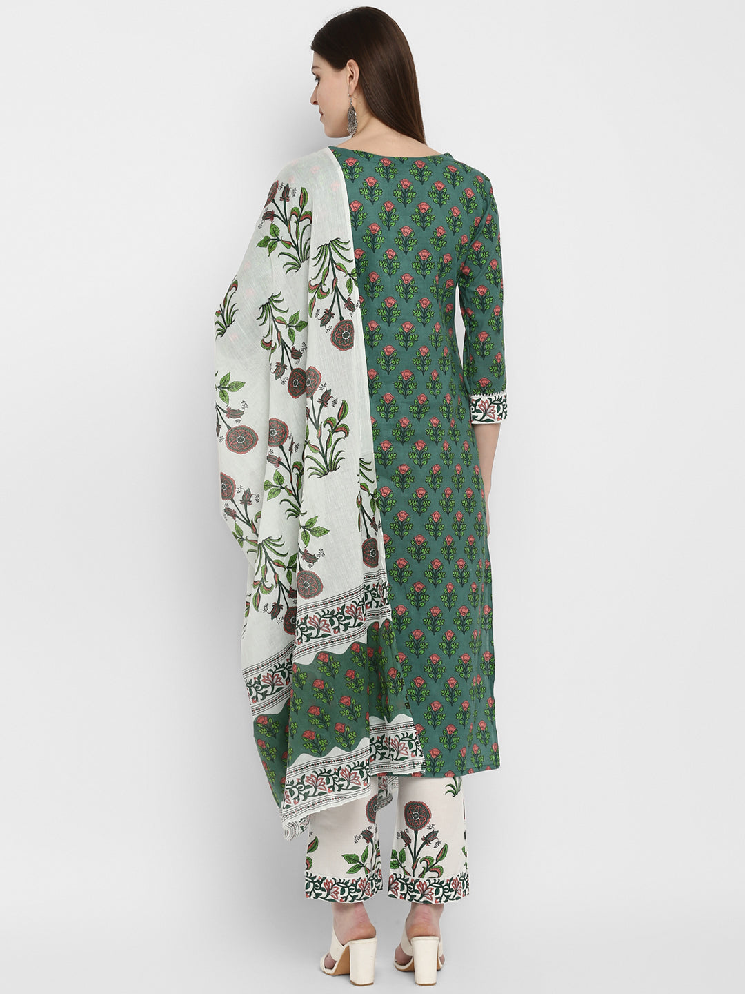 NOZ2TOZ Women's Block Print Green Kurta & Pant With Dupatta Set- (3pcs Set) - Swadesiicart