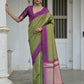 Vishnu Weaves Women's Mahendi Raw Silk Saree with Blouse - Swadesiicart