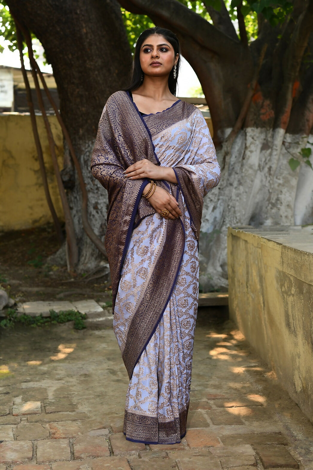 Joban Fashion Pastel Blue Crepe Chiffon Pure Handloom Banarasi Silk Saree | Swadesiicart