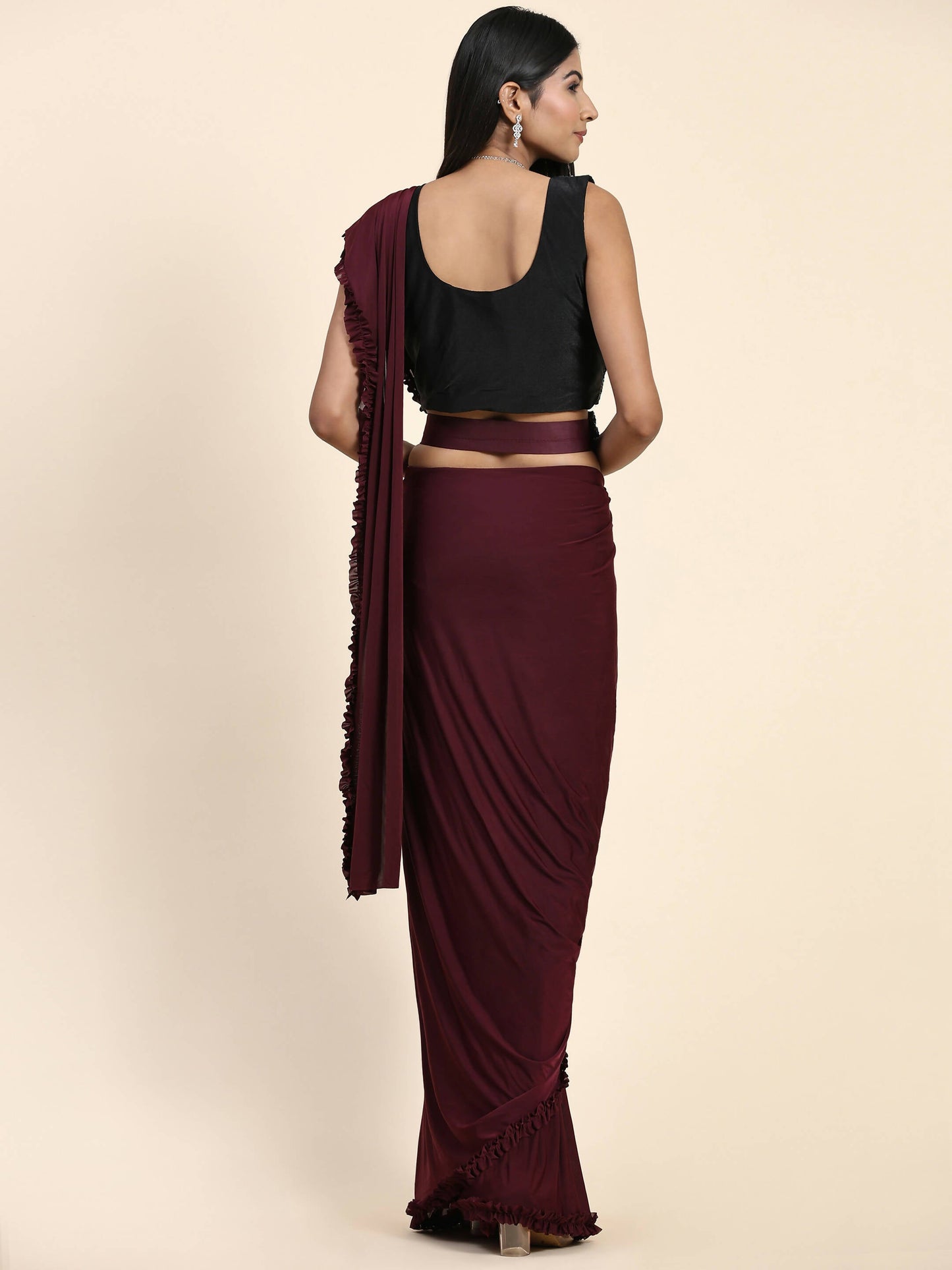 Maroon Imported Fabric Plain Ready to wear Saree with stitched Blouse - Vrinda | Swadesiicart