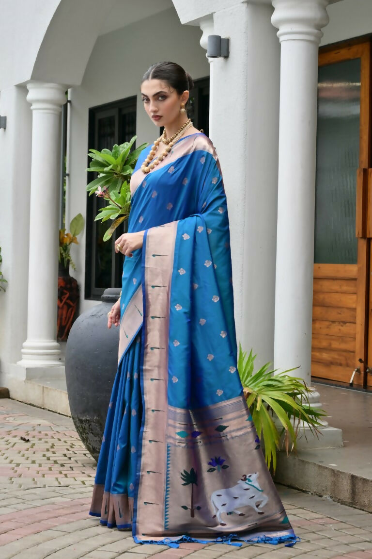 Vishnu Weaves Women's Rama Paithani Silk Zari Woven Saree with Blouse - Swadesiicart