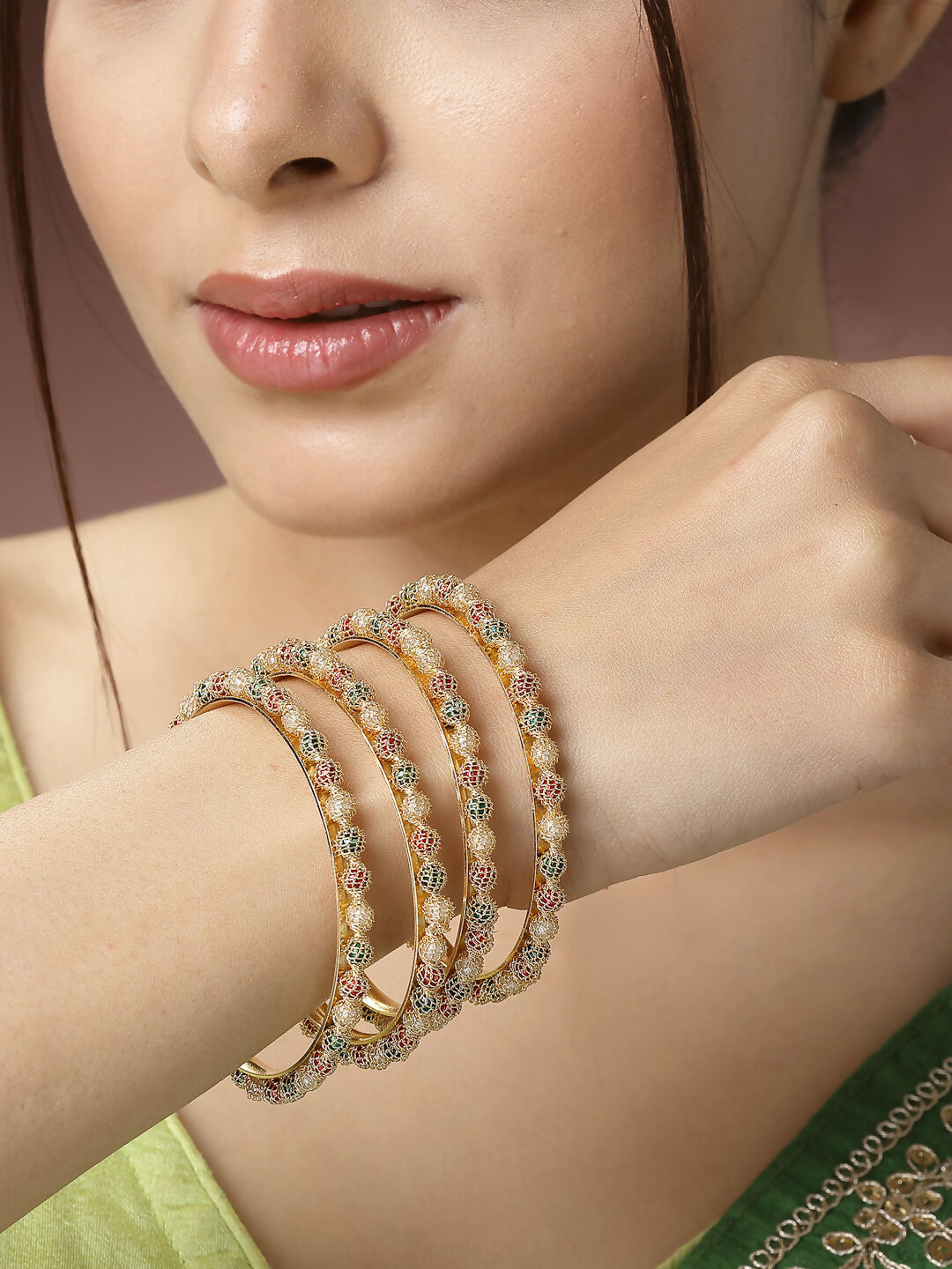NVR Women's Set of 4 Gold-Polished Beads Handcrafted Traditional Bangles - Swadesiicart