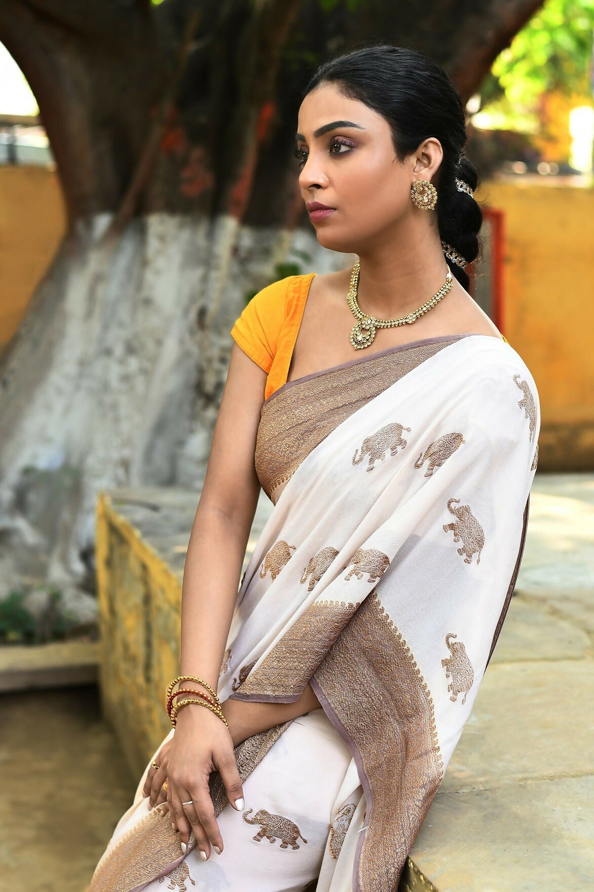 Joban Fashion Ivory Crepe Chiffon Pure Handloom Banarasi Silk Saree | Swadesiicart