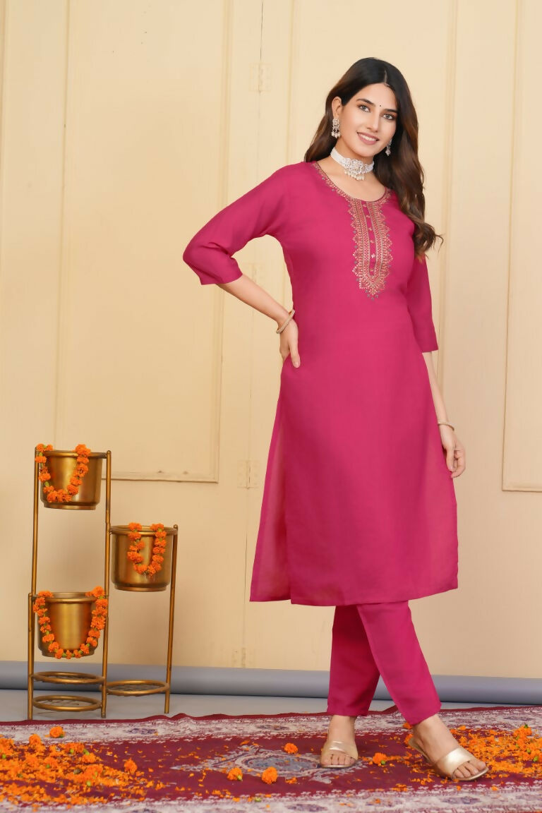 Red Viscose Chanderi Embroidered Stitched Suit With Dupatta - Tanisha | Swadesiicart