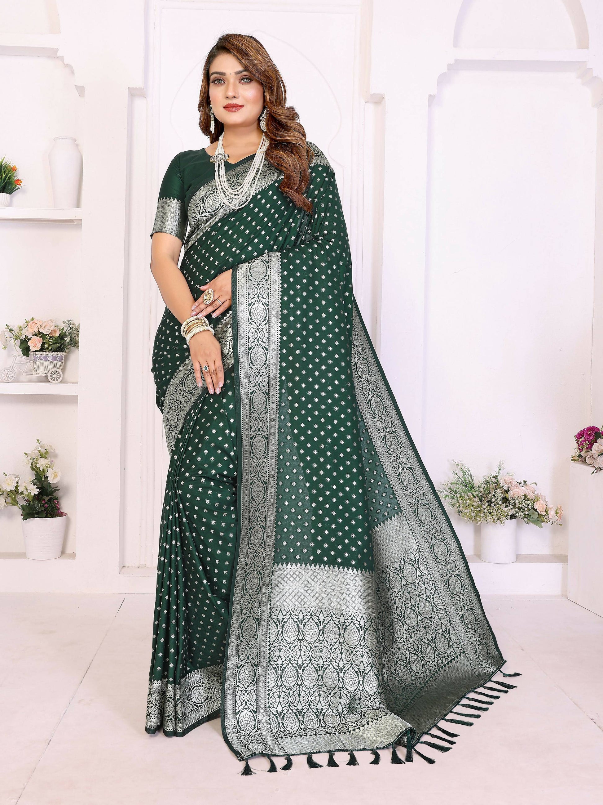 Aastha Fashion Green Georgette Silk Zari Weaving Saree