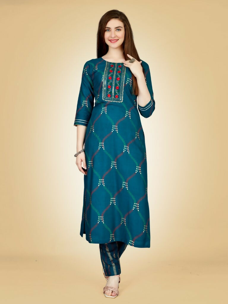 Jyoti Fashion Women's Teal Viscose Rayon Embroidered Kurta Pant Set | Swadesiicart