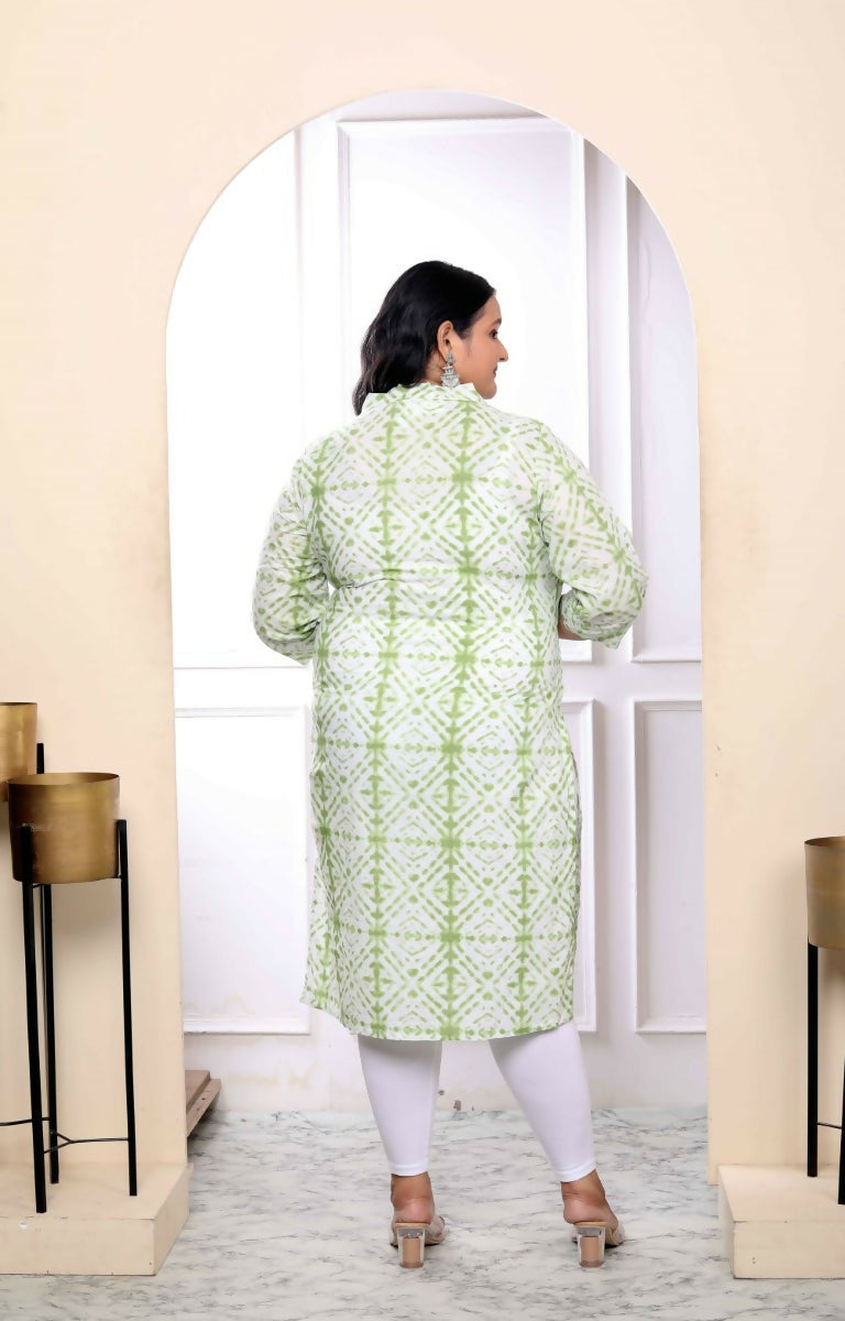 Miravan Women's Plus Size White And Green Tie Dye Cotton Kurti - Swadesiicart