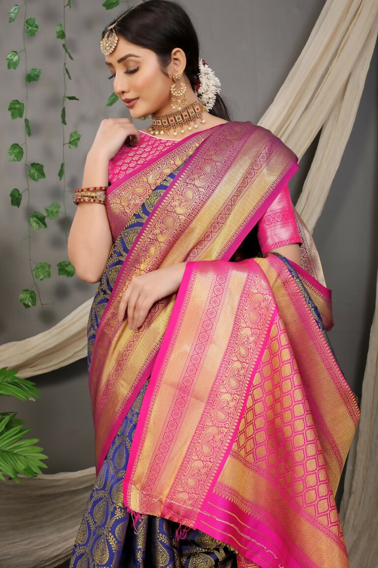 Jyoti Fashion Women's Navy Blue Kanjivaram Silk Zari Woven Saree with Blouse | Swadesiicart
