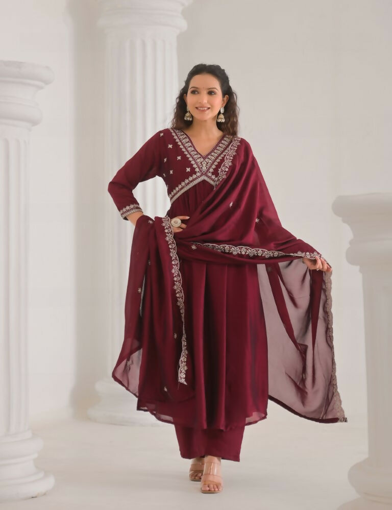 Ethnic Festive Wear Vichitra Silk Wine Stitched Suit With Dupatta - Tanisha | Swadesiicart