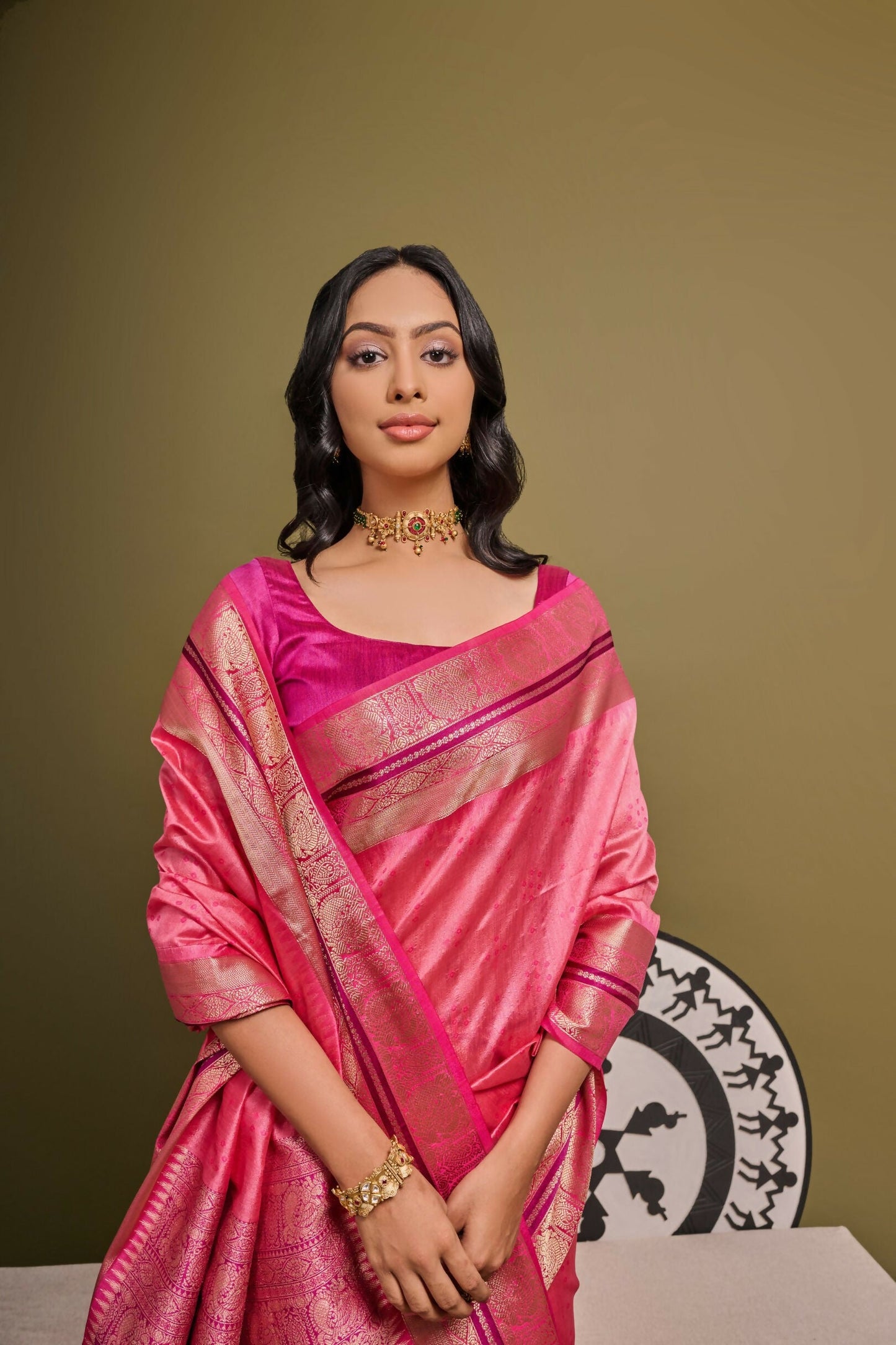 Vishnu Weaves Women's Pink Raw Silk Zari Woven Saree with Blouse - Swadesiicart