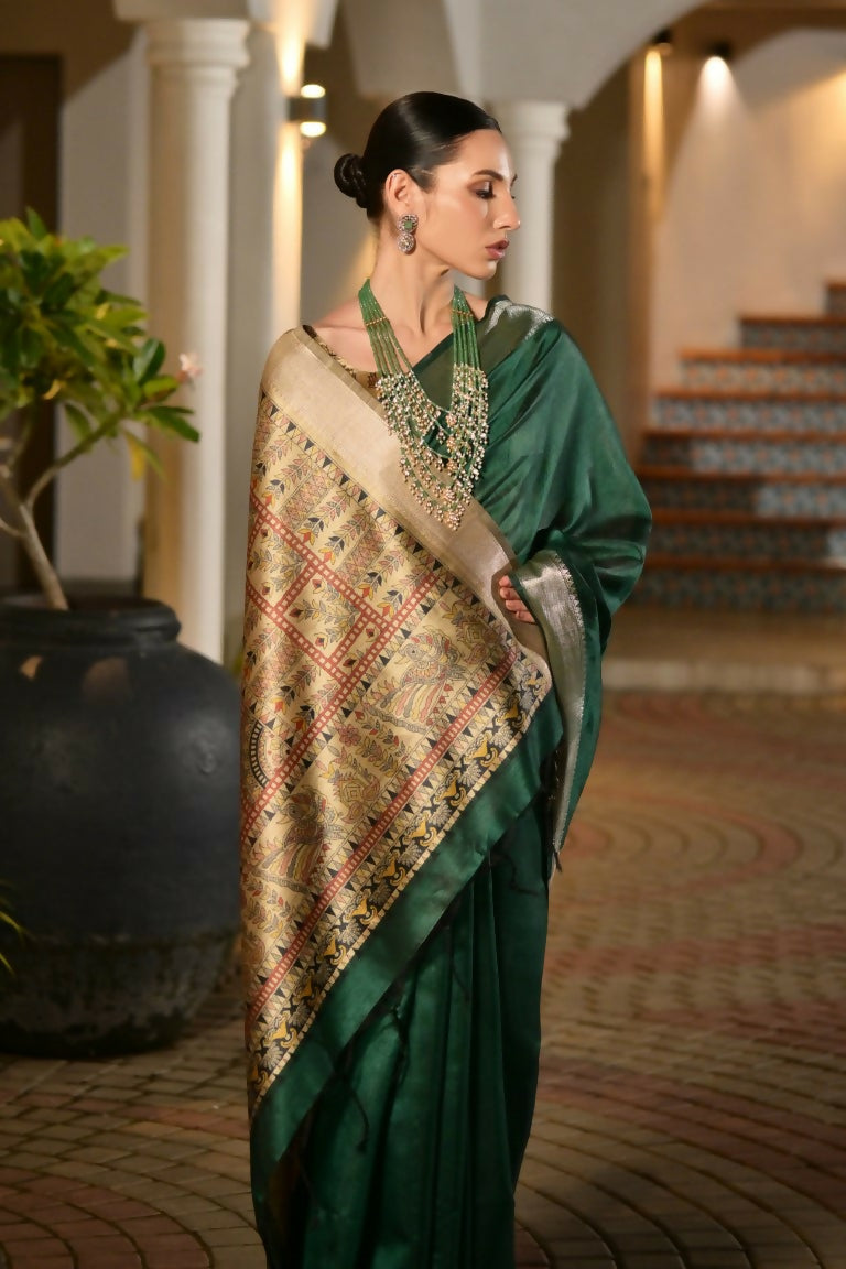 Vishnu Weaves Women's Green Soft Tussar Silk Printed Saree with Blouse - Swadesiicart