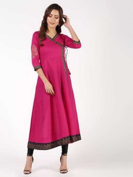 Aniyah Cotton Block Print Angrakha Kurta In Magenta (AN-148K) - Swadesiicart