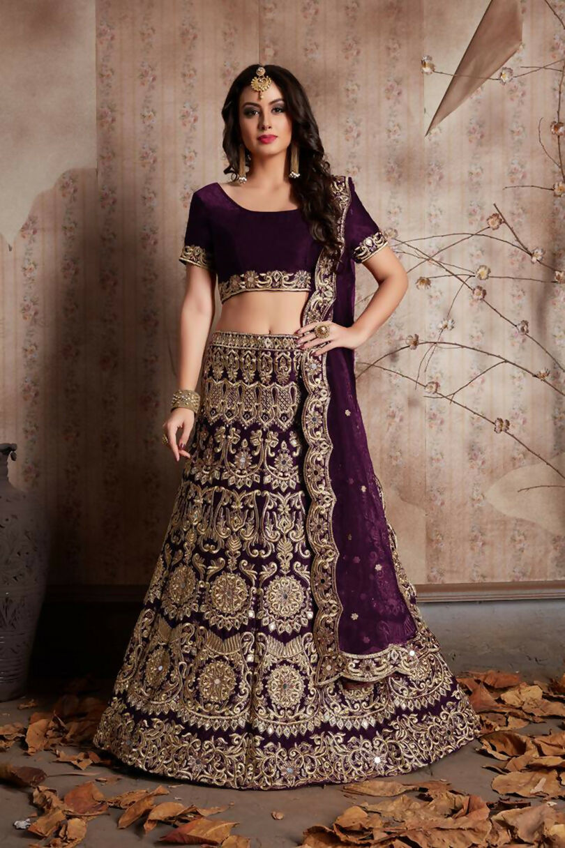 Jyoti Fashion Mesmerizing Wine Sequins Embroidered Velvet Lehenga Choli with Dupatta | Swadesiicart