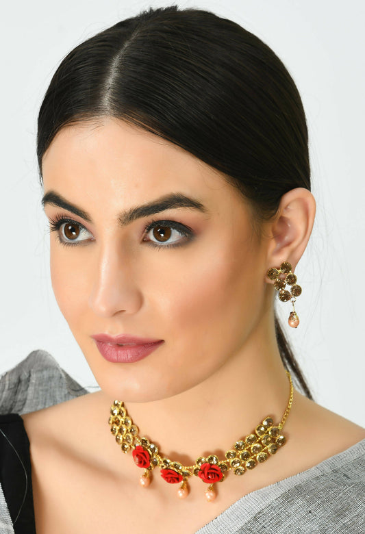 Mominos Fashion Johar Kamal Gold-Polished Brass Finish Stone/Pearls Choker For Women (Golden) | Swadesiicart