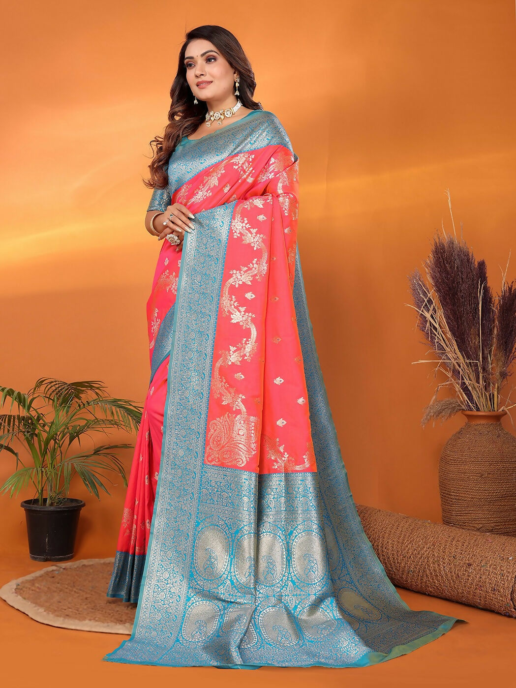 Joban Fashion Banarasi Tomato Red Woven Soft Silk Saree | Swadesiicart