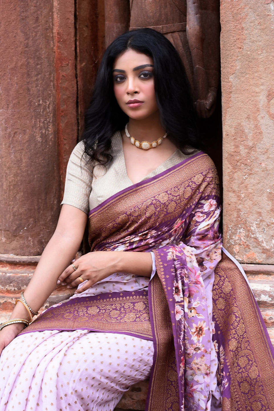 Joban Fashion Dark And Light Lilac Crepe Chiffon Pure Handloom Banarasi Silk Saree | Swadesiicart