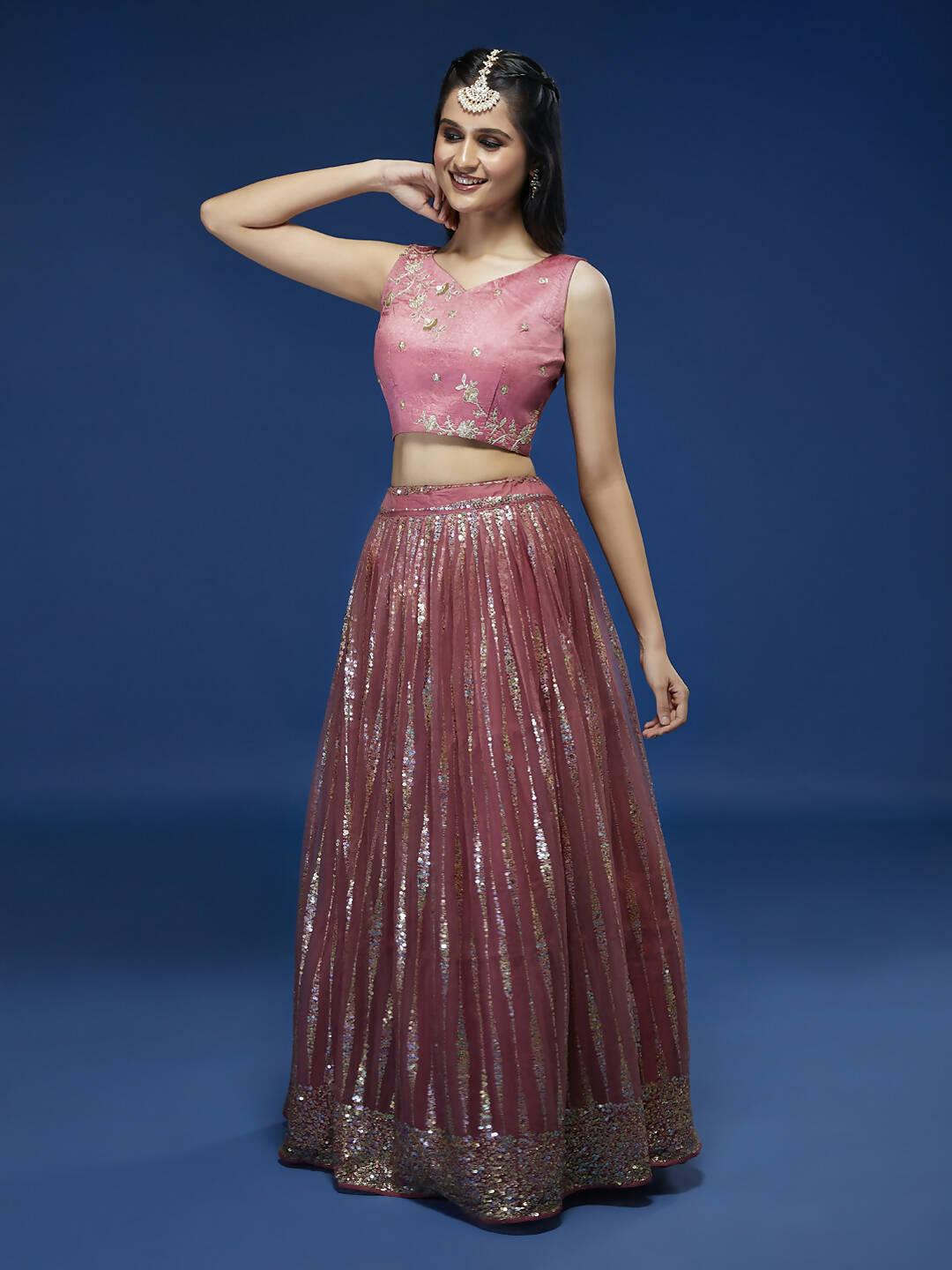 House of Panchhi Rose Gold Net Sequinse Work Lehenga & Blouse, Dupatta | Swadesiicart