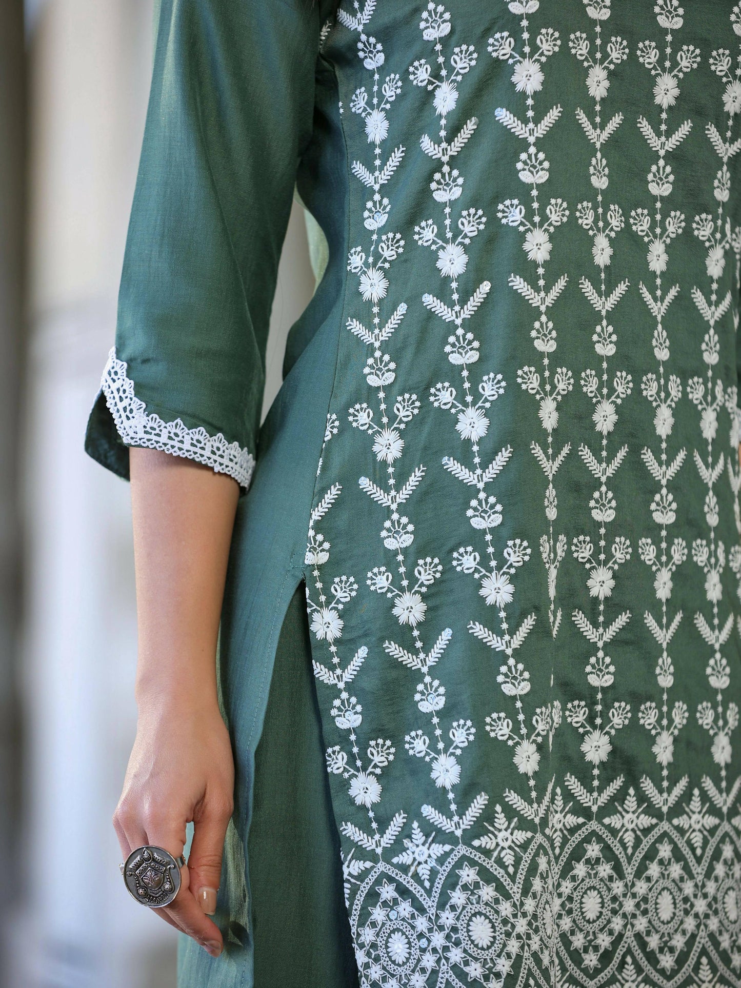Juniper Women's Green Chinnon Embroidered Kurta Garara Set | Swadesiicart