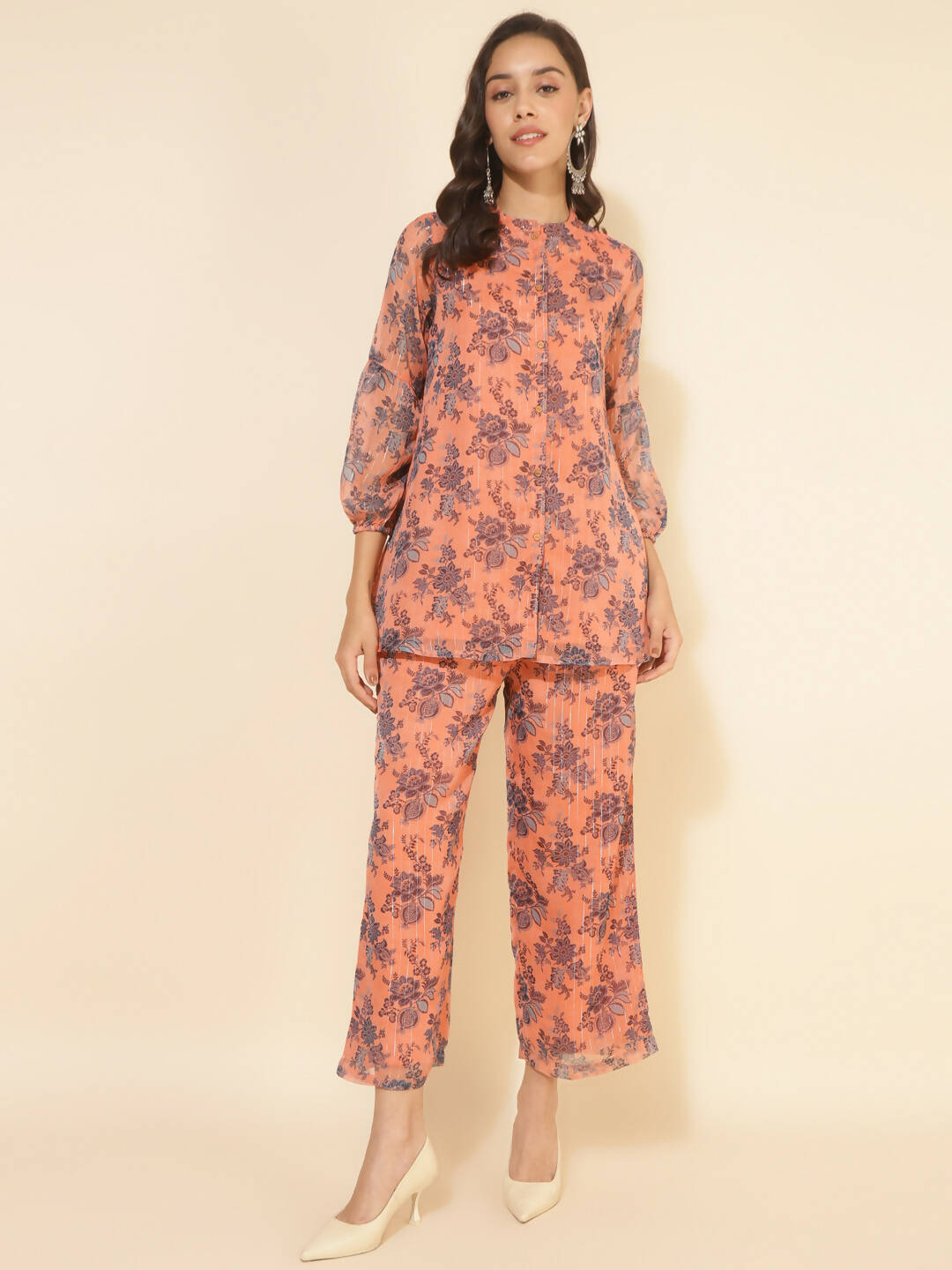Janasya Women's Peach Chiffon Lurex Floral Printed Festive Regular Co-ords - Swadesiicart