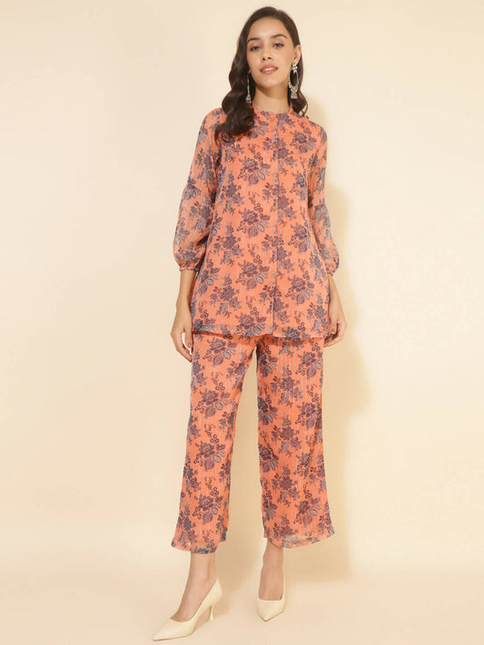 Janasya Women's Peach Chiffon Lurex Floral Printed Festive Regular Co-ords - Swadesiicart
