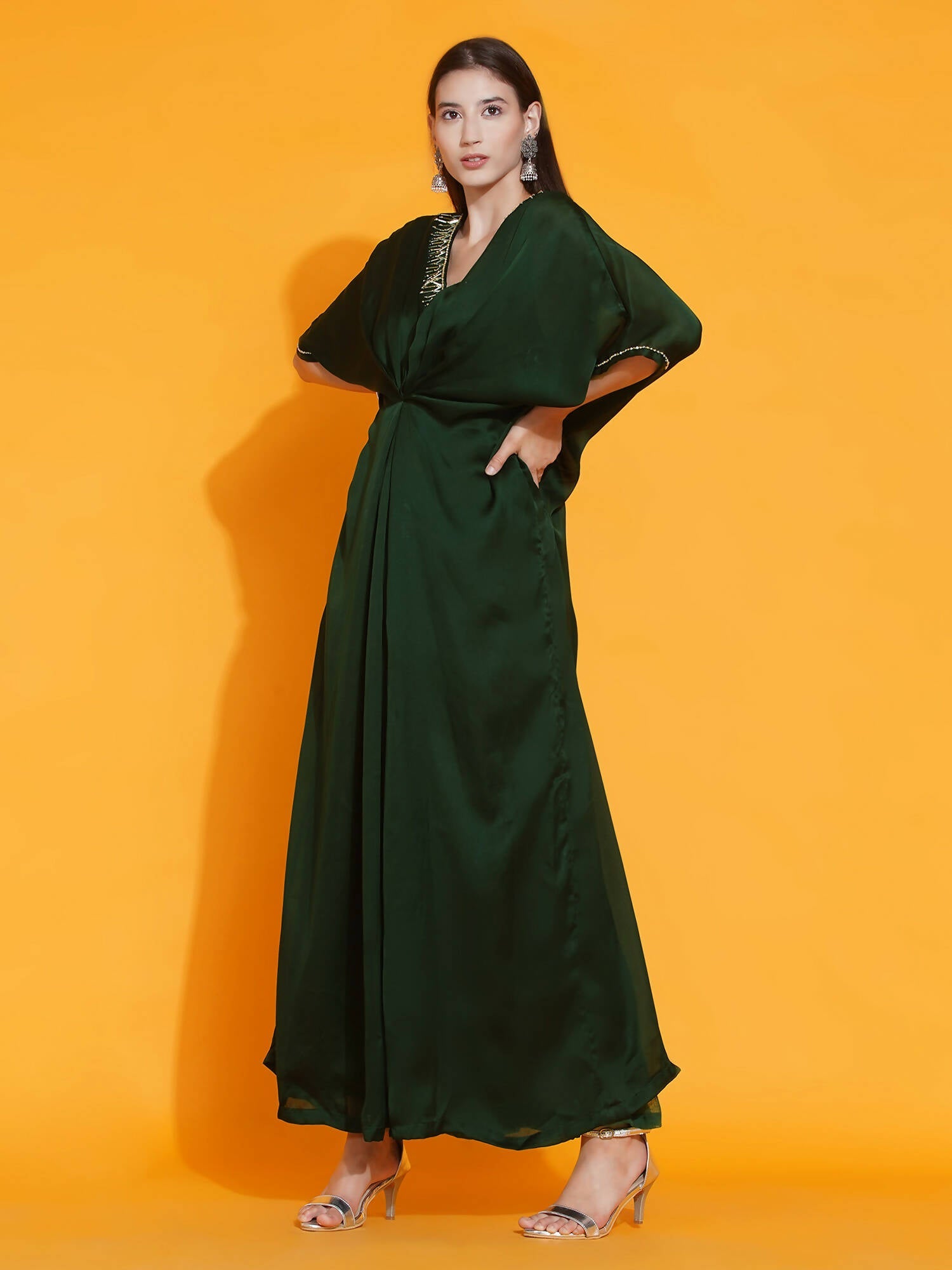 Women Republic Green Georgette Hand Embellished Kaftan Style Gown | Swadesiicart