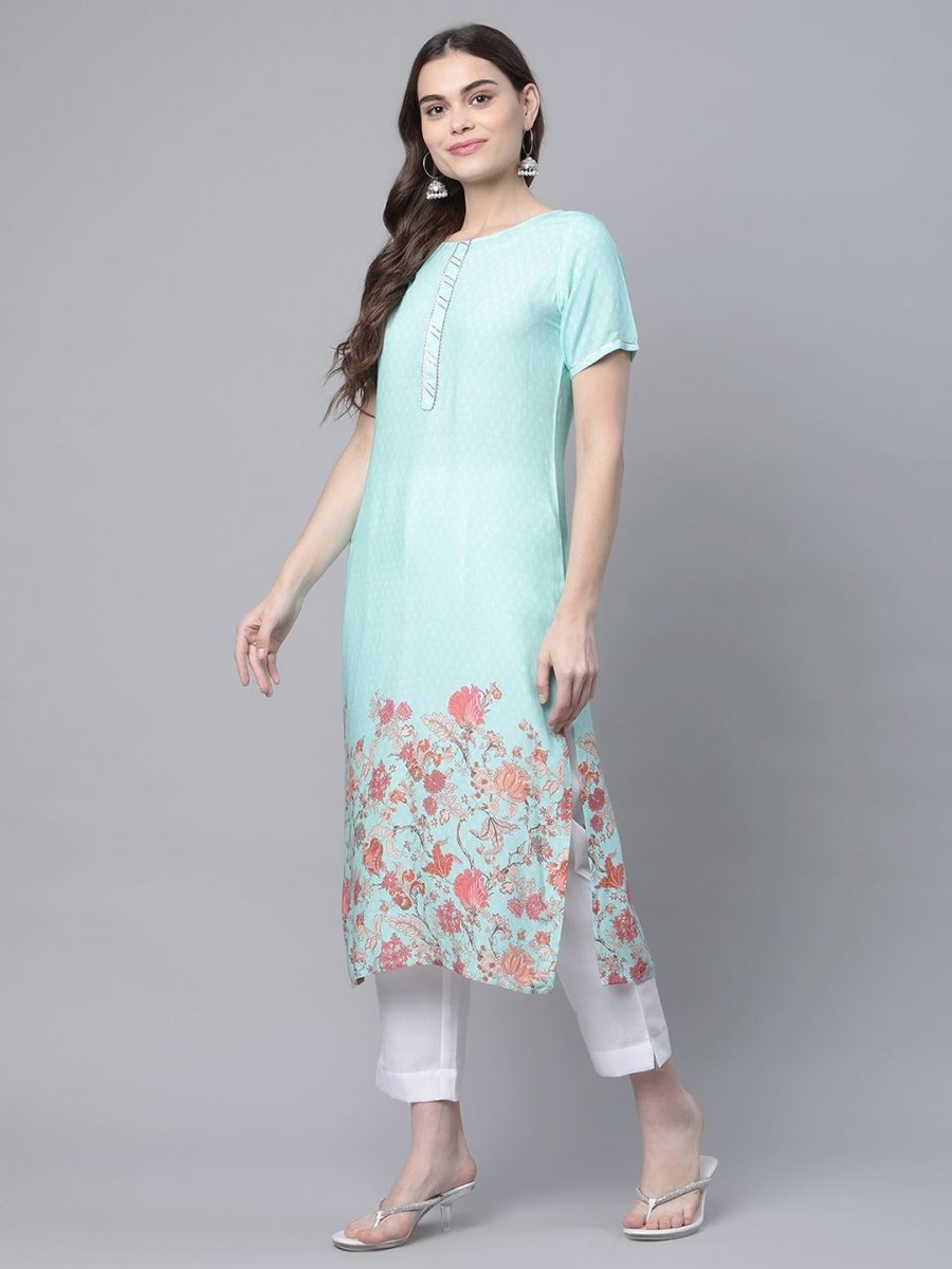 Ahalyaa Women Sky Blue Rayon Printed Kurta Pant Set | Swadesiicart