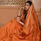 Vishnu Weaves Women's Orange Handloom Raw Silk Woven Border Saree with Unstitched Blouse - Swadesiicart