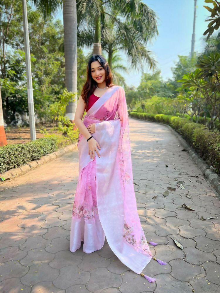Vamsee Mehar Pink Organza Saree - Swadesiicart