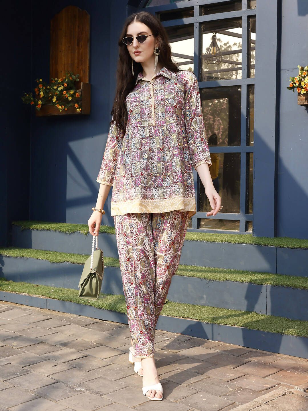 Pink & Beige Rayon Floral Printed Top with Matching Bottom - Eesha - Swadesiicart