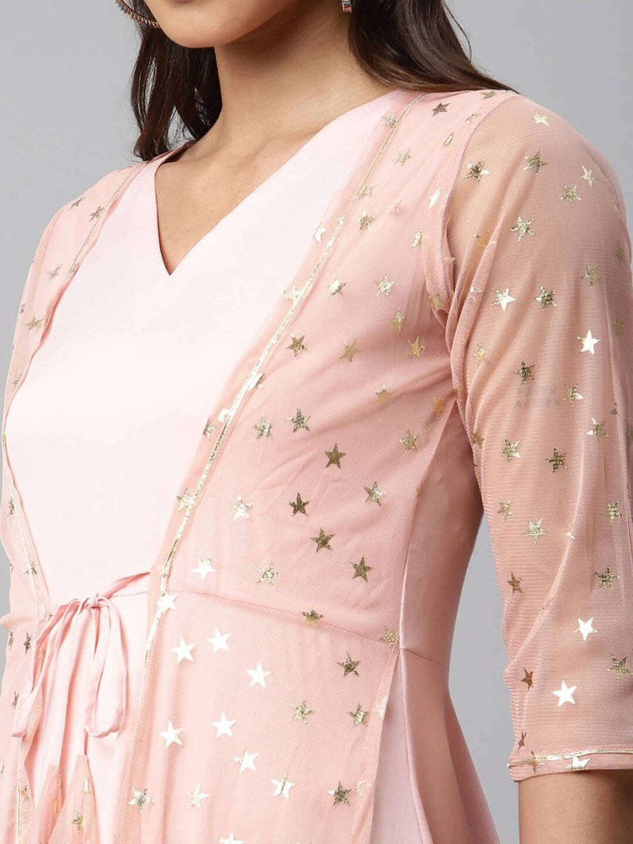 Ahalyaa Women Pink Crepe & Net Foil Print Dress | Swadesiicart