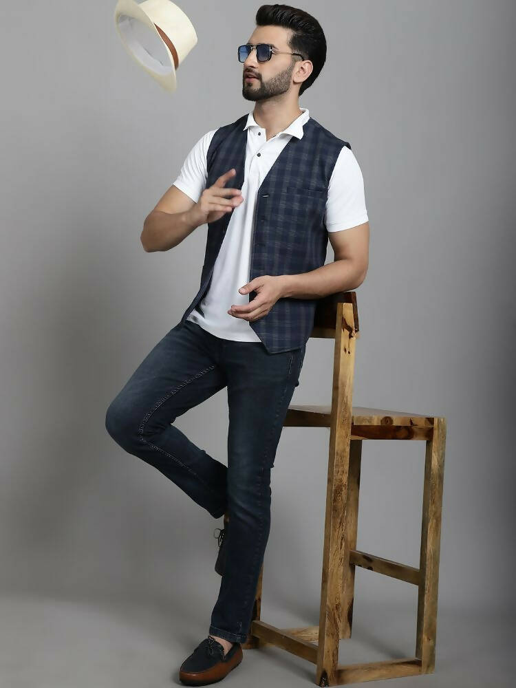 Even Apparels Checked Waistcoat With Welt Pockets - Navy Blue | Swadesiicart