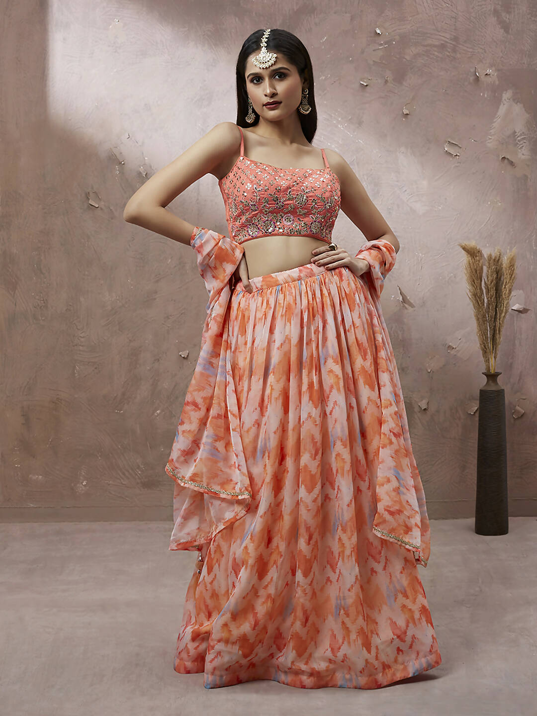 House of Panchhi Peach Organza Floral Printed Lehenga choli & Dupatta | Swadesiicart