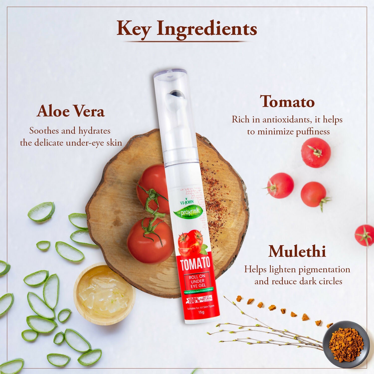 VI-JOHN Prakritik Tomato Under Eye Gel, Reduces Dark Circles, Puffiness,Fine Lines 100% Bioactives | Swadesiicart