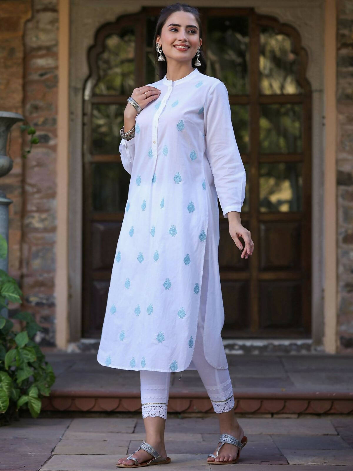 Juniper Women's White Cambric Printed Straight Kurta | Swadesiicart