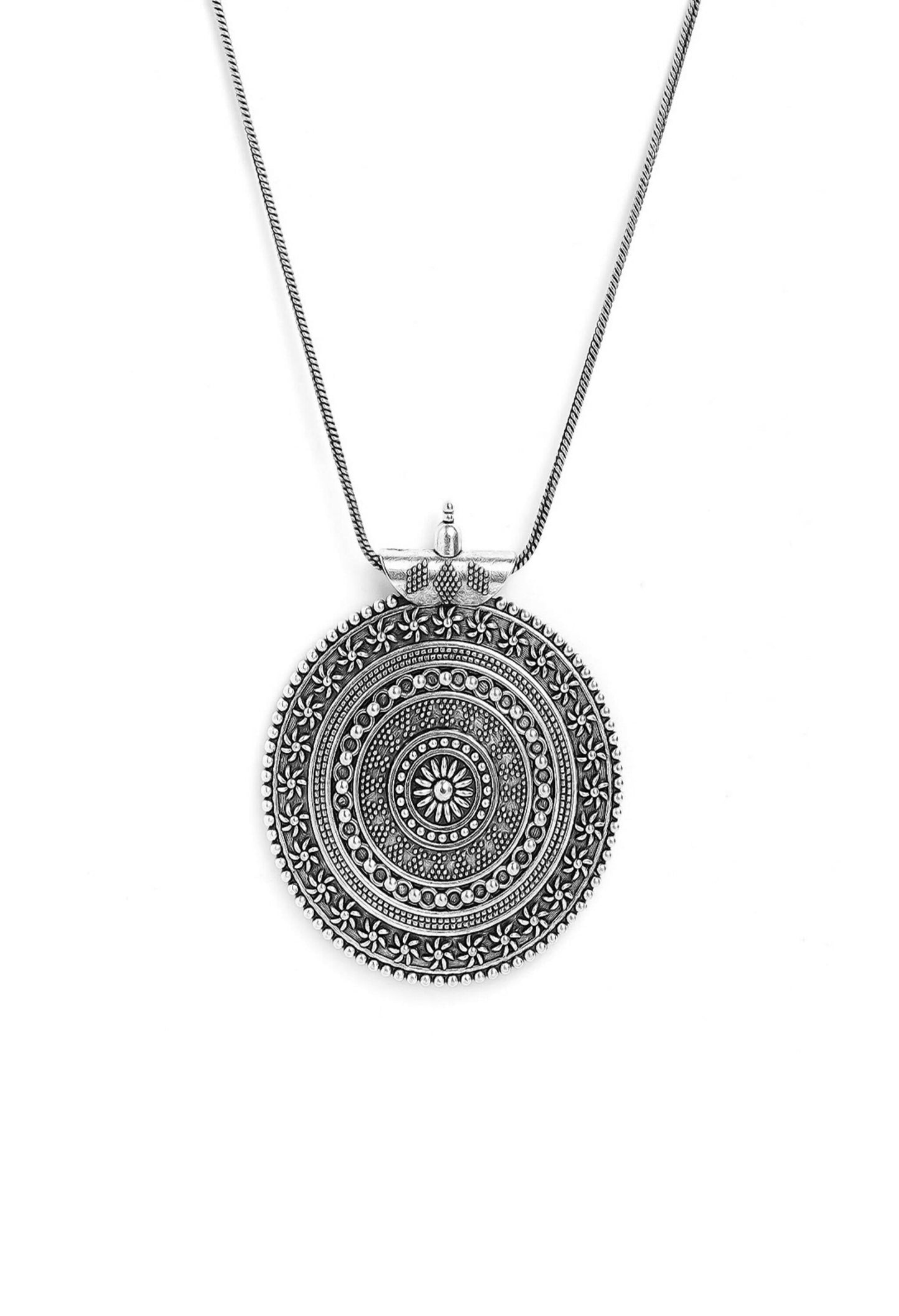 Mominos Fashion Johar Kamal Oxidised Silver-Plated Long Chain with Pendant & Studs For Women | Swadesiicart